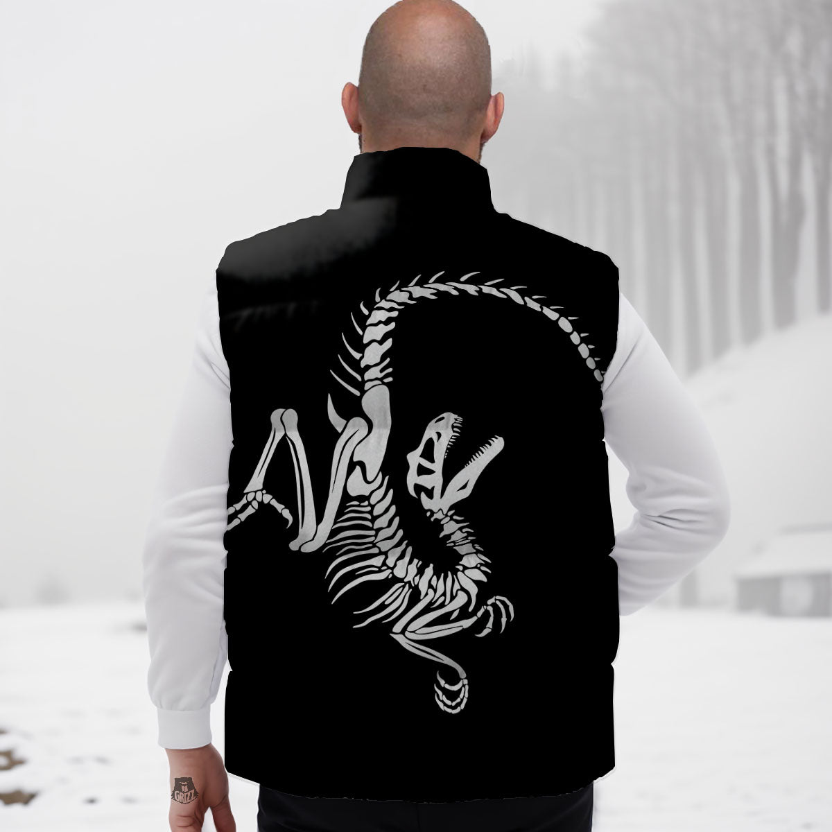 Dinosaur Fossil White And Black Print Down Vest
