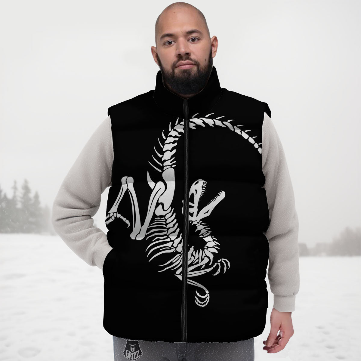 Dinosaur Fossil White And Black Print Down Vest