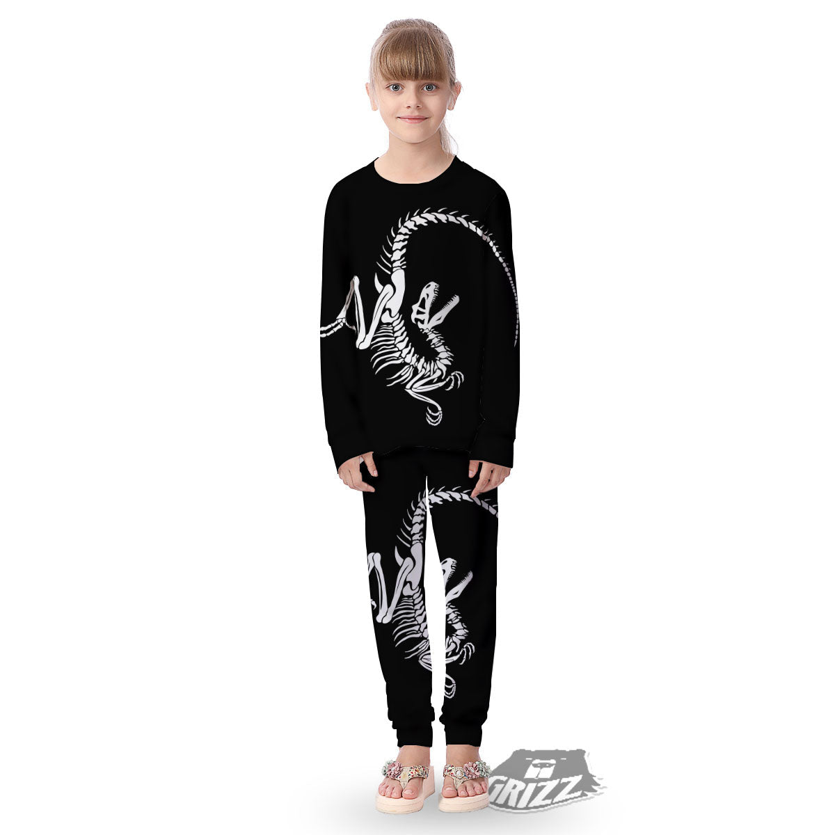Dinosaur Fossil White And Black Print Kid's Pajamas-grizzshop