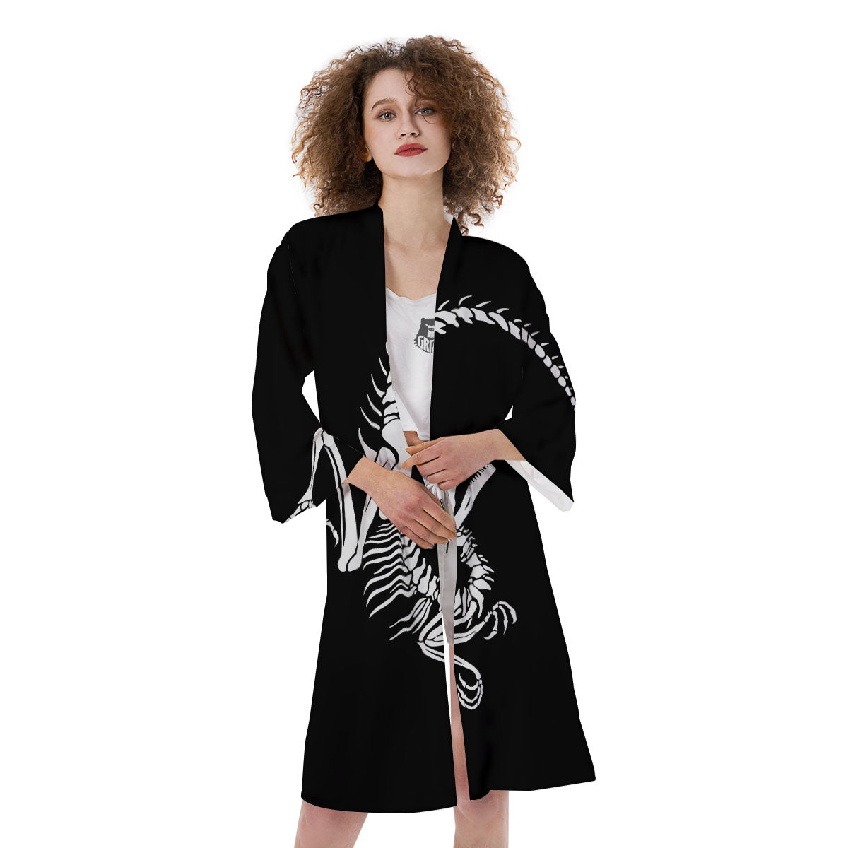 Dinosaur Fossil White And Black Print Kimono-grizzshop