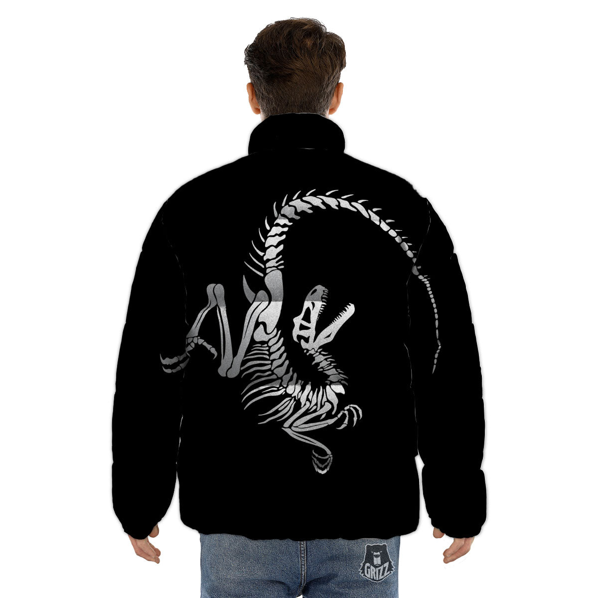 Dinosaur Fossil White And Black Print Puffer Jacket-grizzshop