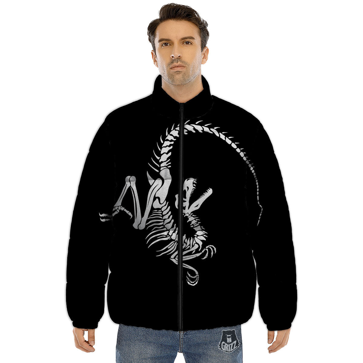 Dinosaur Fossil White And Black Print Puffer Jacket-grizzshop