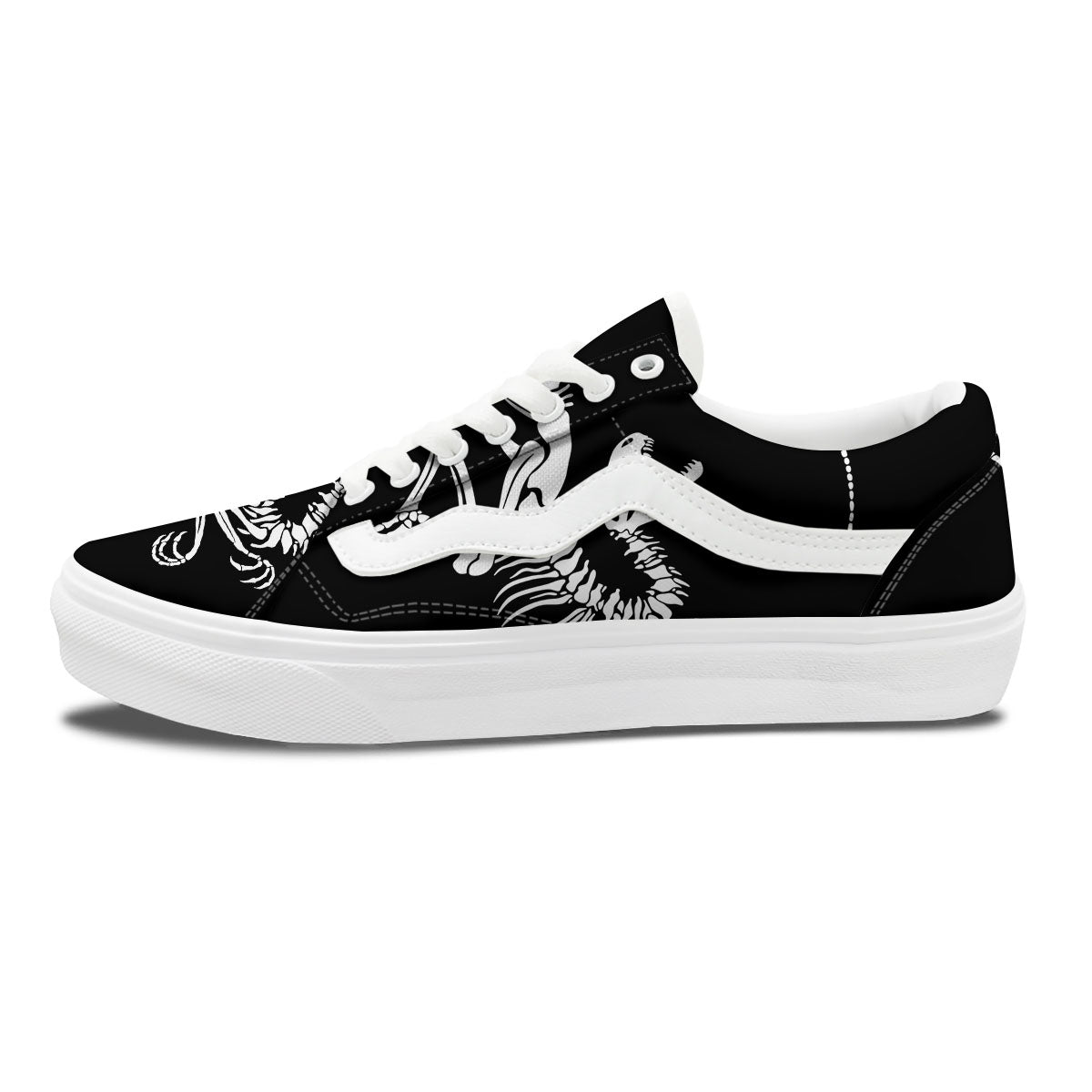 Dinosaur Fossil White And Black Print Skate Shoes-grizzshop