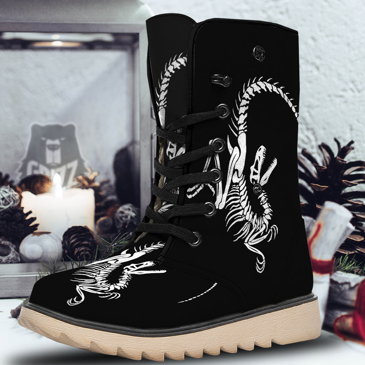 Dinosaur Fossil White And Black Print Snow Boots-grizzshop