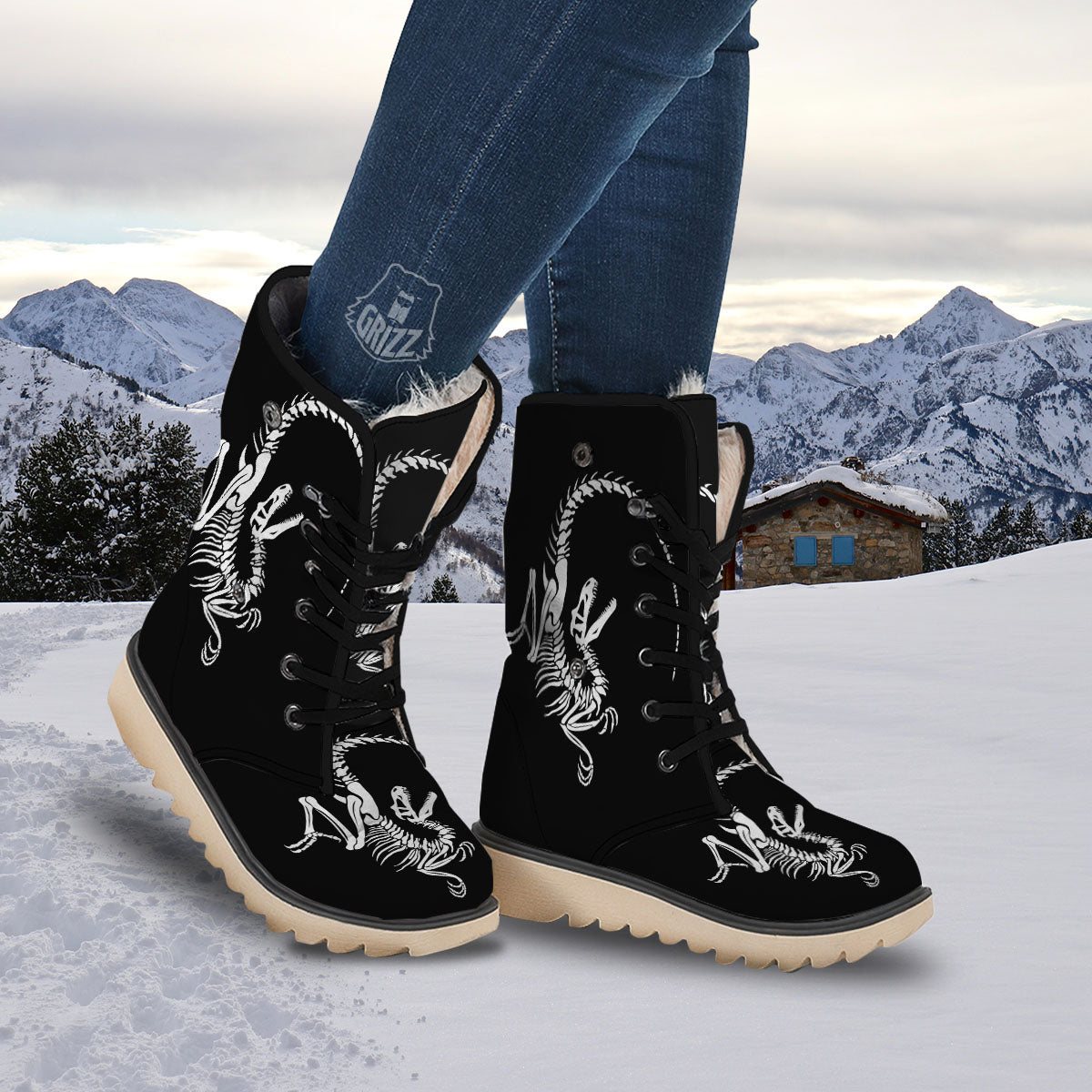 Dinosaur Fossil White And Black Print Snow Boots-grizzshop