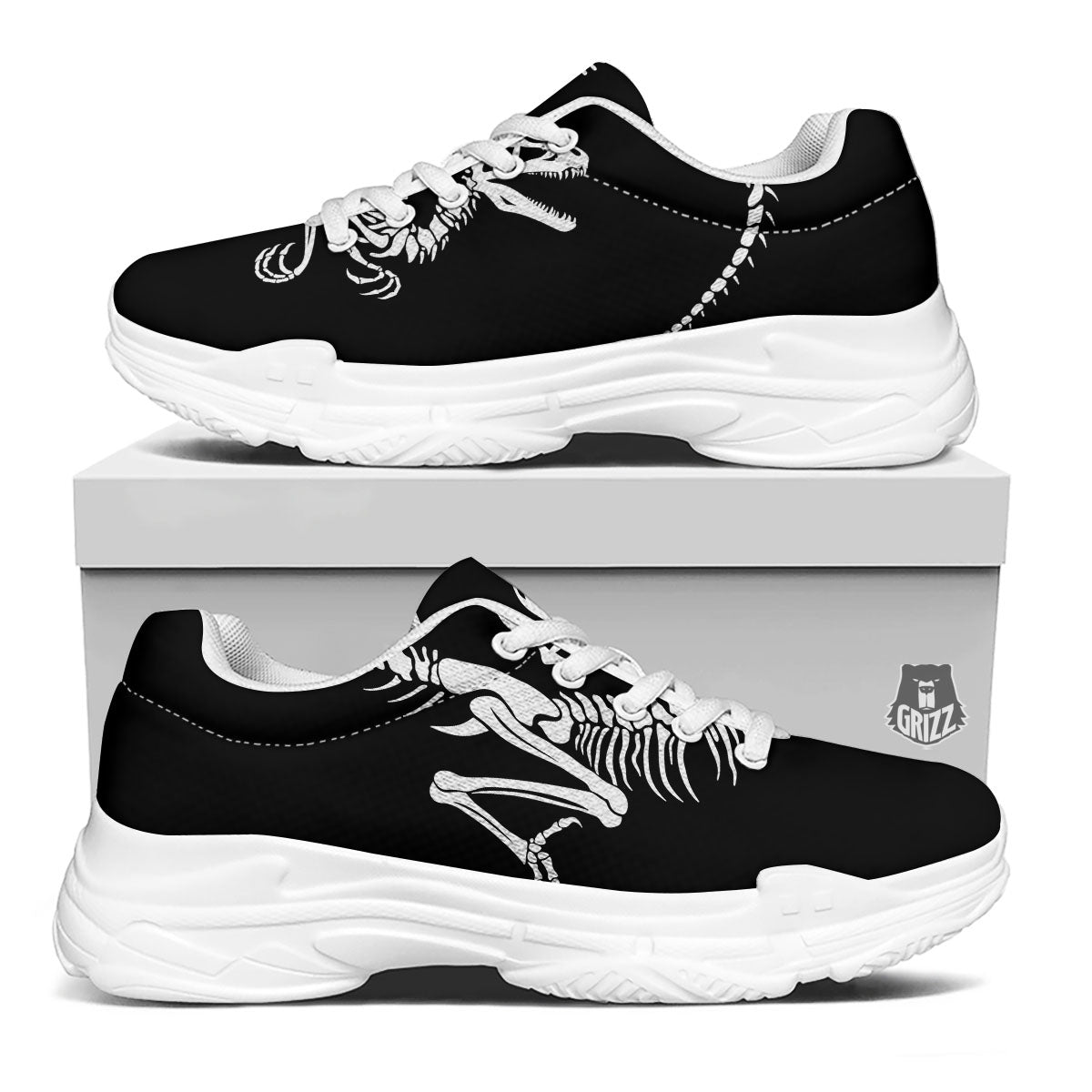 Dinosaur Fossil White And Black Print White Chunky Shoes-grizzshop