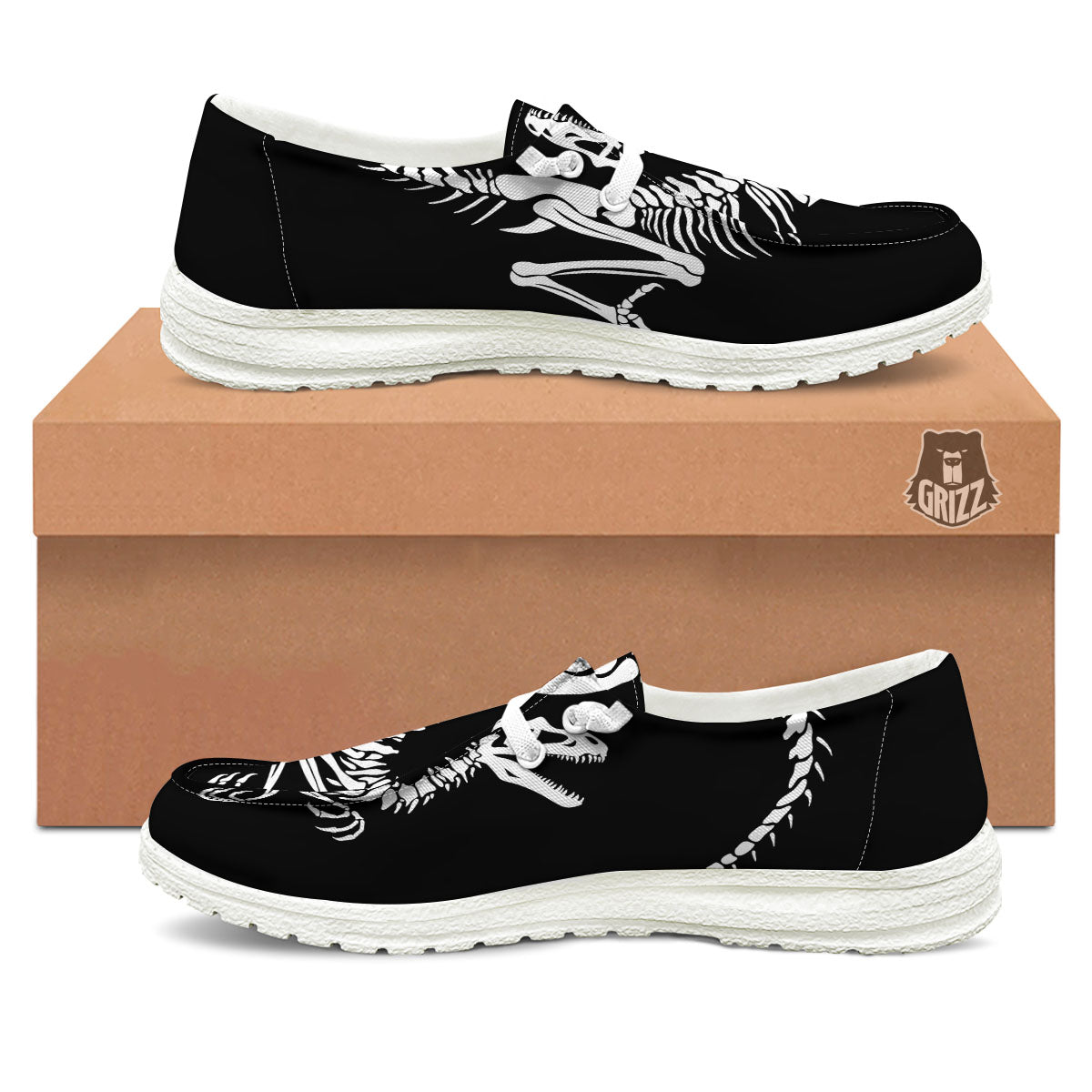 Dinosaur Fossil White And Black Print White Loafers-grizzshop