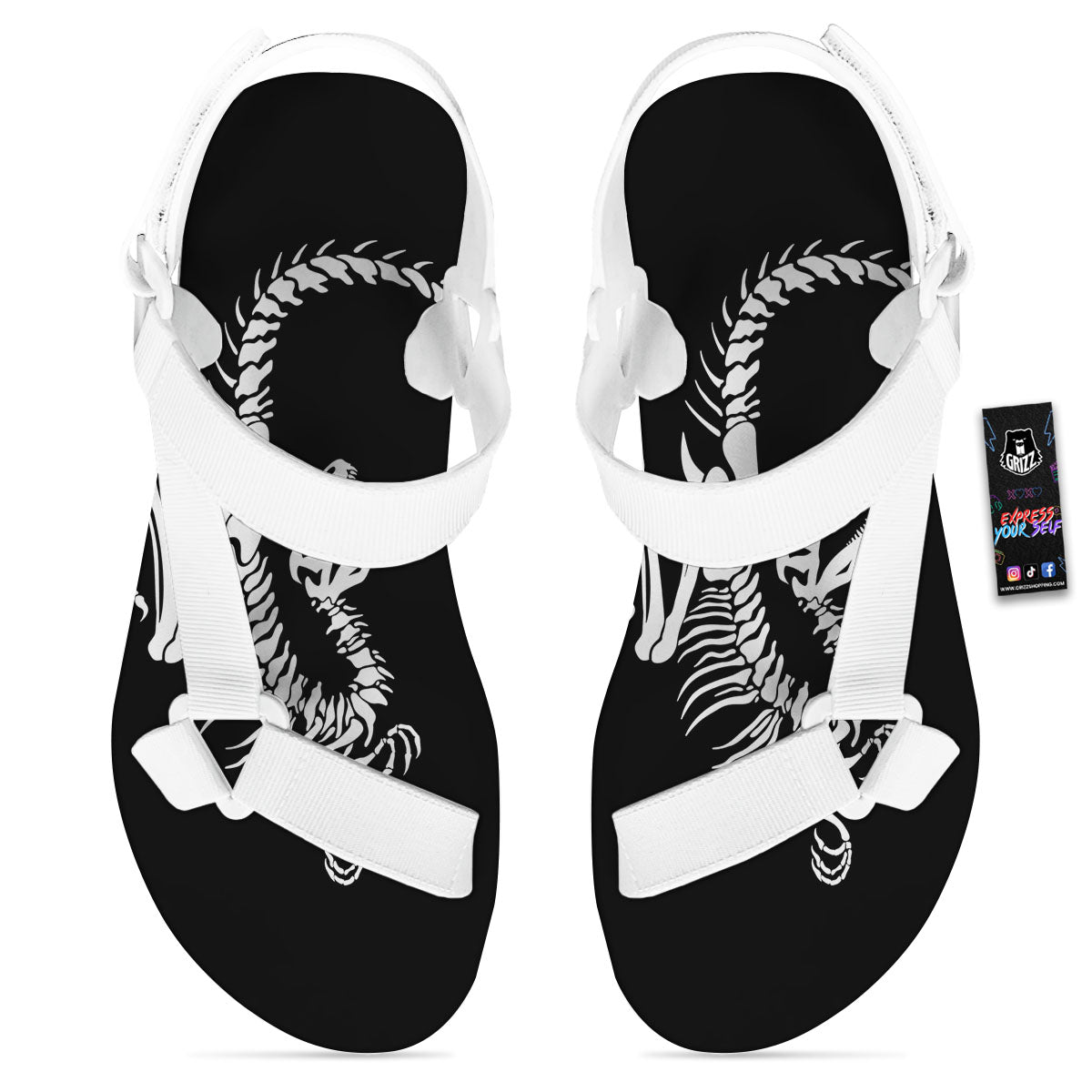 Dinosaur Fossil White And Black Print White Open Toe Sandals-grizzshop