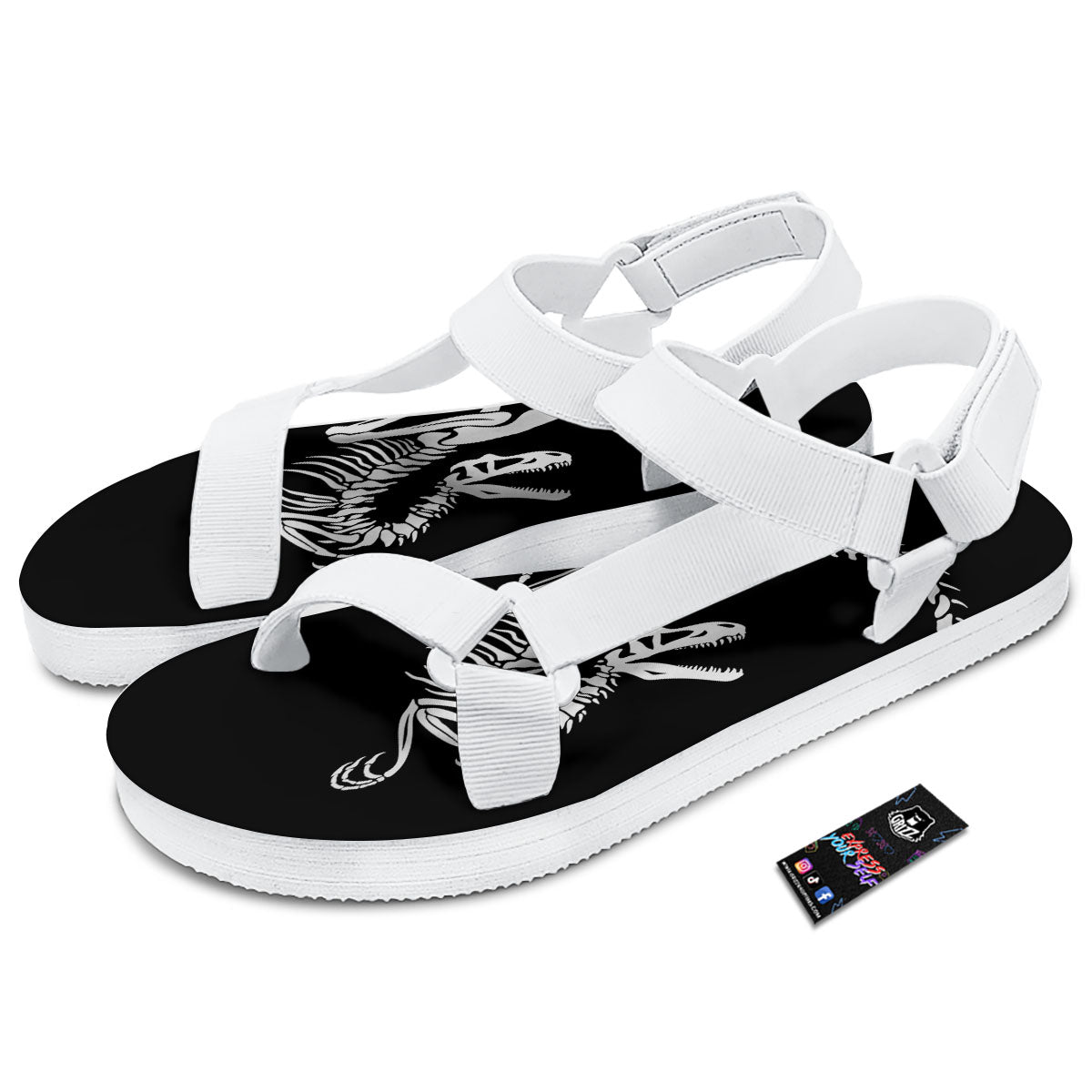 Dinosaur Fossil White And Black Print White Open Toe Sandals-grizzshop