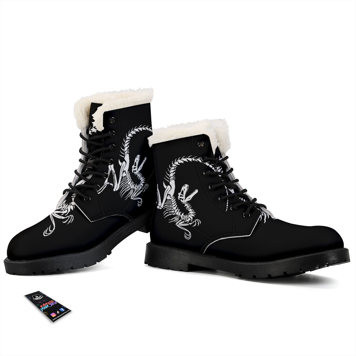 Dinosaur Fossil White And Black Print Winter Boots-grizzshop