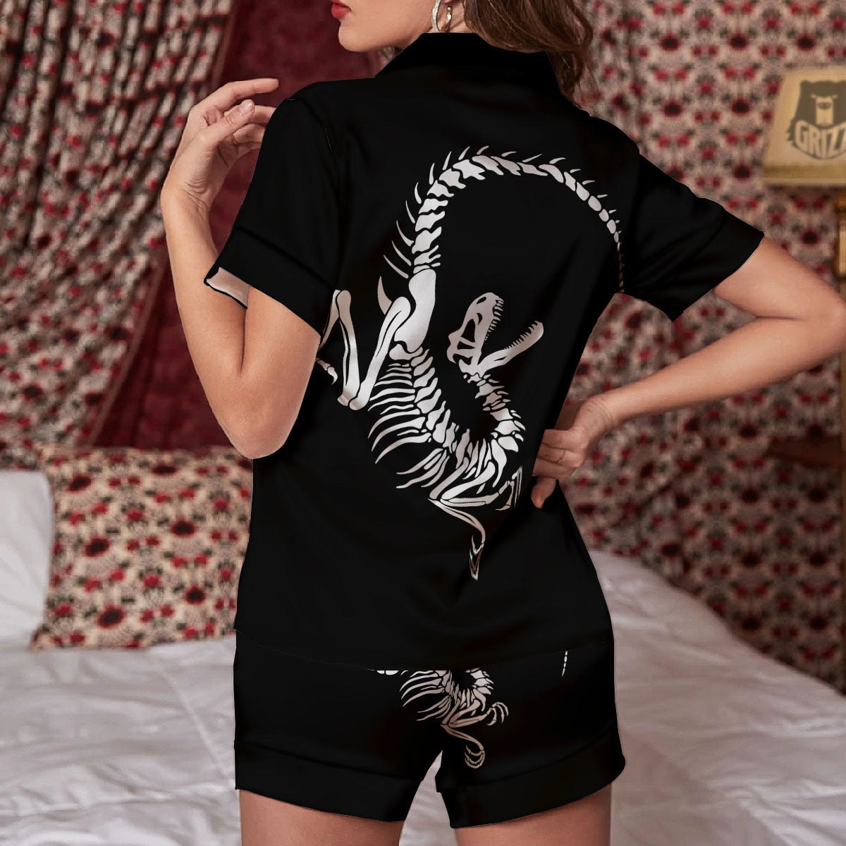 Dinosaur Fossil White And Black Print Women Silk Pajamas-grizzshop