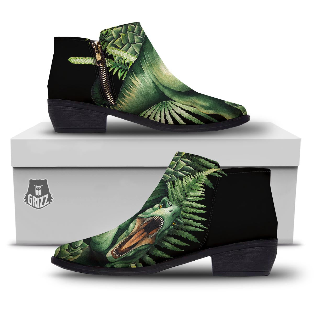 Dinosaur T Rex And Jurassic Plants Print Ankle Boots-grizzshop