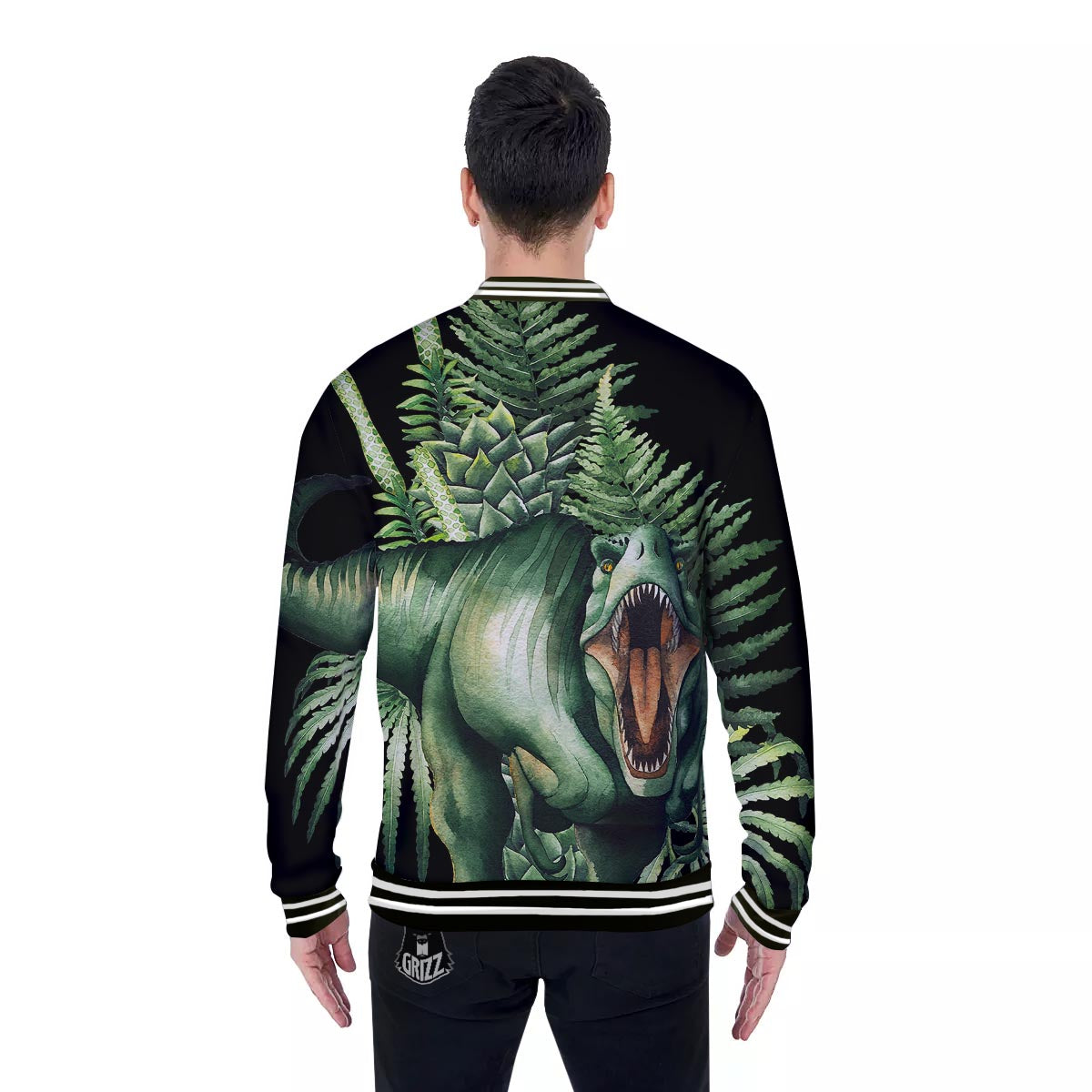 Dinosaur T Rex And Jurassic Plants Print Baseball Jacket-grizzshop