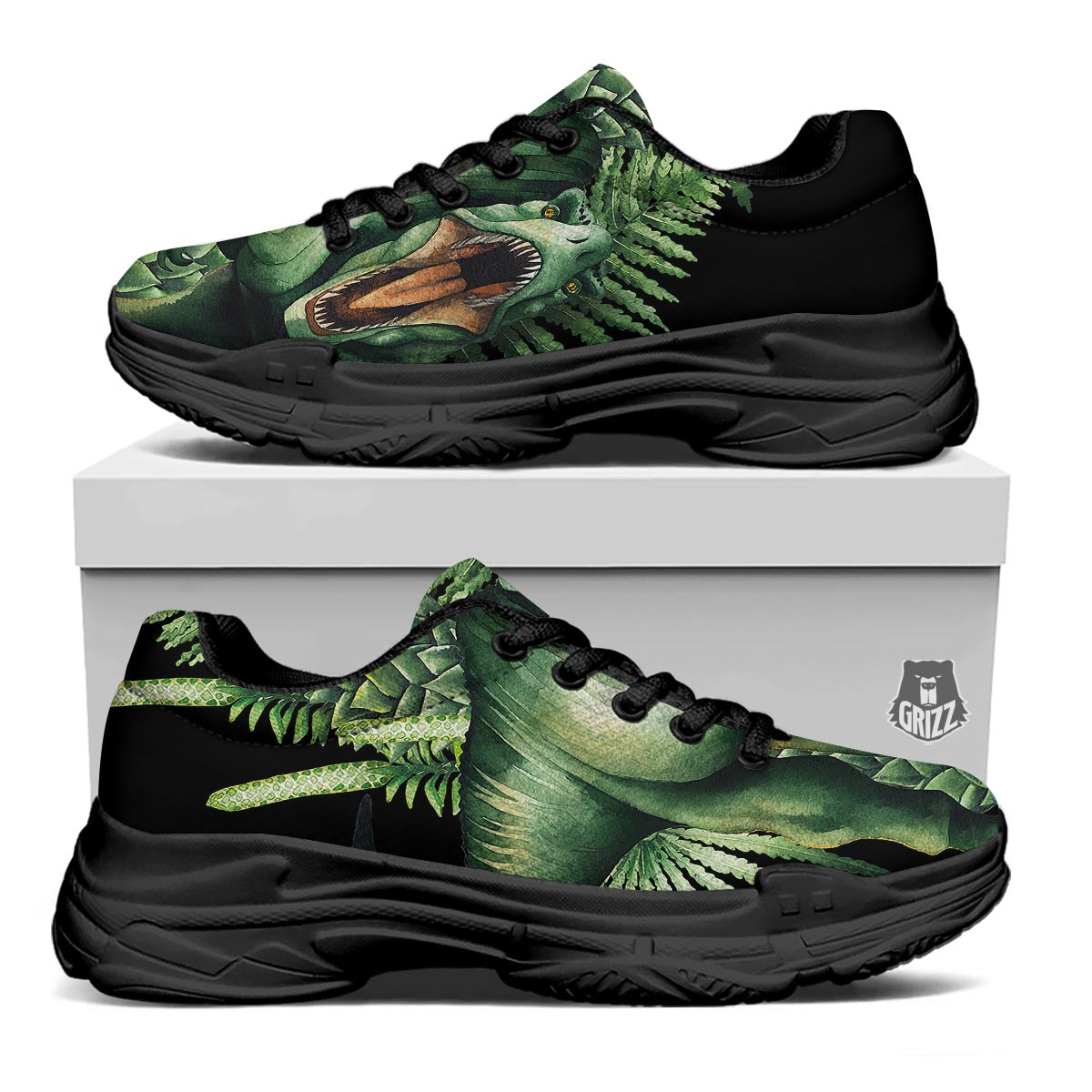 Dinosaur T Rex And Jurassic Plants Print Black Chunky Shoes-grizzshop