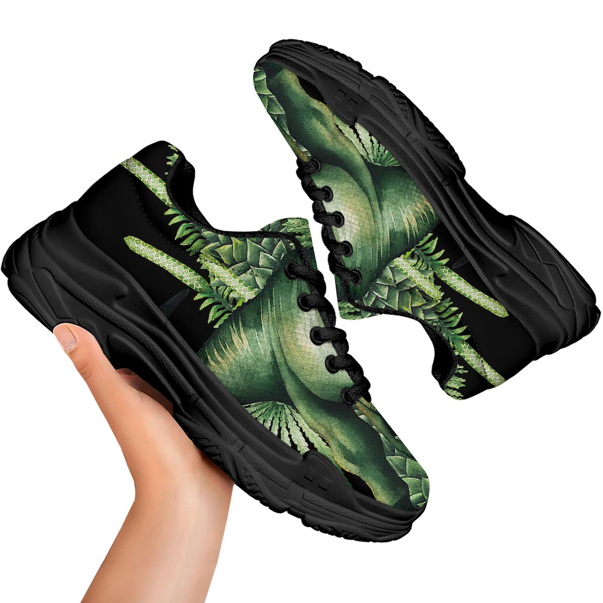 Dinosaur T Rex And Jurassic Plants Print Black Chunky Shoes-grizzshop