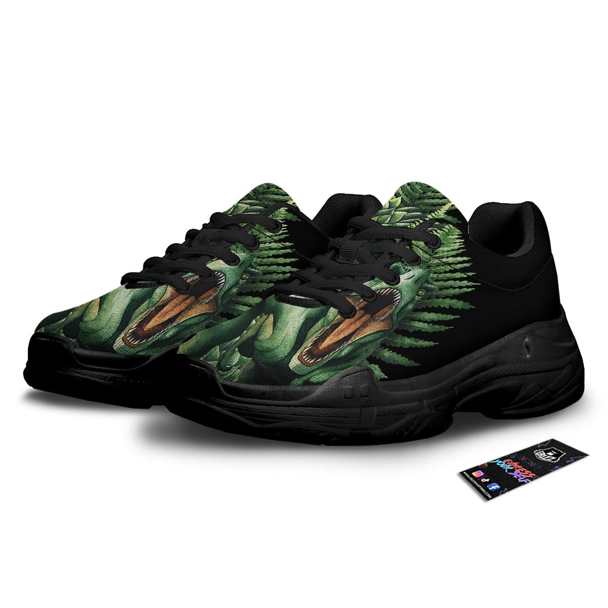 Dinosaur T Rex And Jurassic Plants Print Black Chunky Shoes-grizzshop