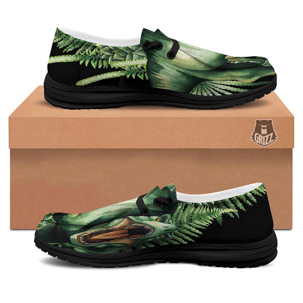 Dinosaur T Rex And Jurassic Plants Print Black Loafers-grizzshop