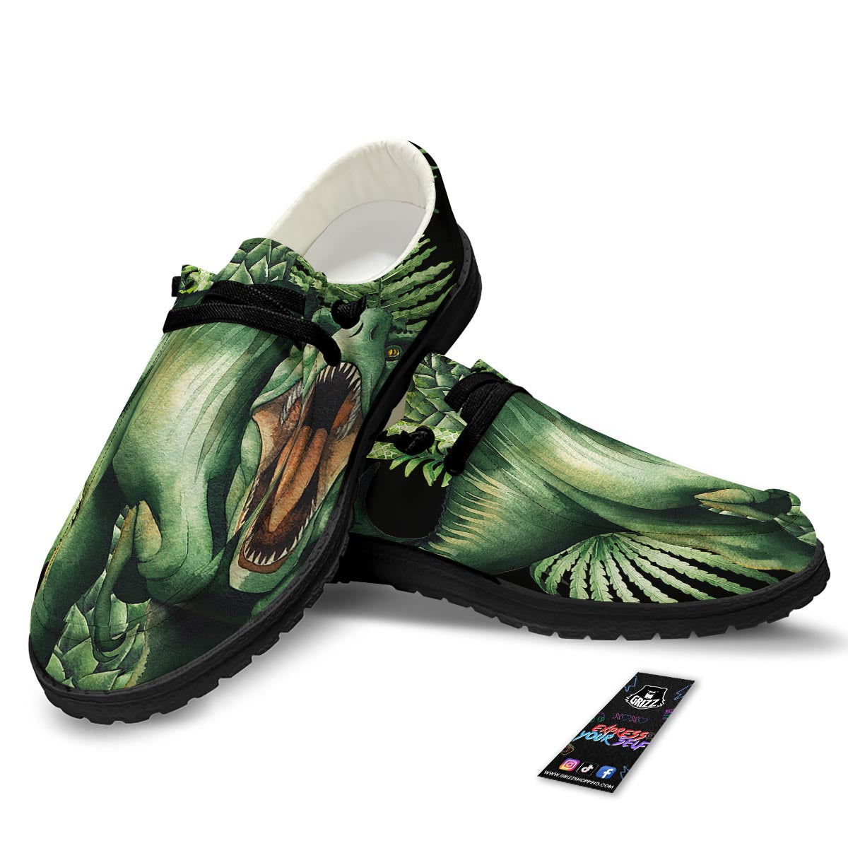 Dinosaur T Rex And Jurassic Plants Print Black Loafers-grizzshop
