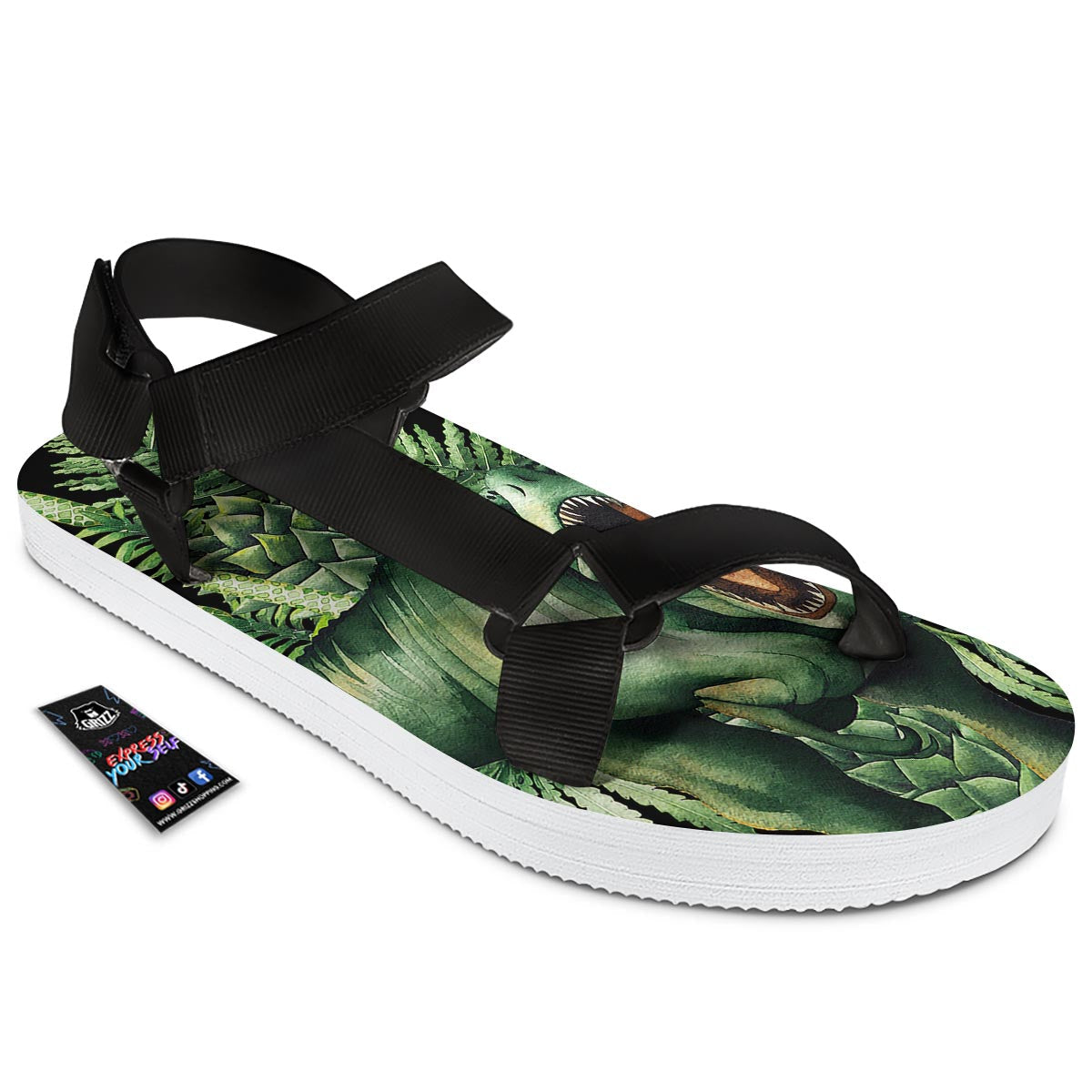Dinosaur T Rex And Jurassic Plants Print Black Open Toe Sandals-grizzshop