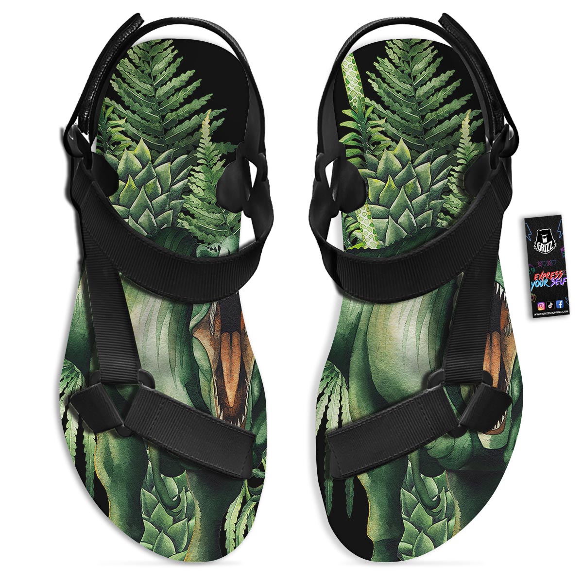 Dinosaur T Rex And Jurassic Plants Print Black Open Toe Sandals-grizzshop