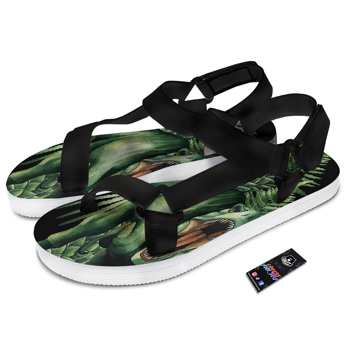 Dinosaur T Rex And Jurassic Plants Print Black Open Toe Sandals-grizzshop