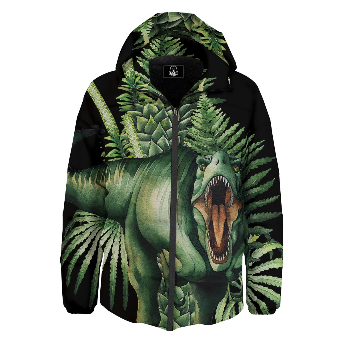 Dinosaur T Rex And Jurassic Plants Print Down Jacket-grizzshop