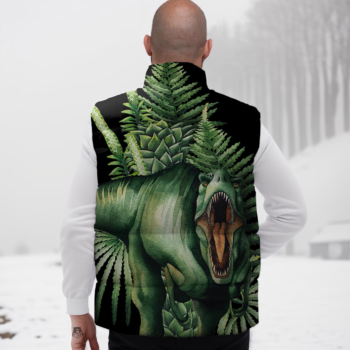 Dinosaur T Rex And Jurassic Plants Print Down Vest