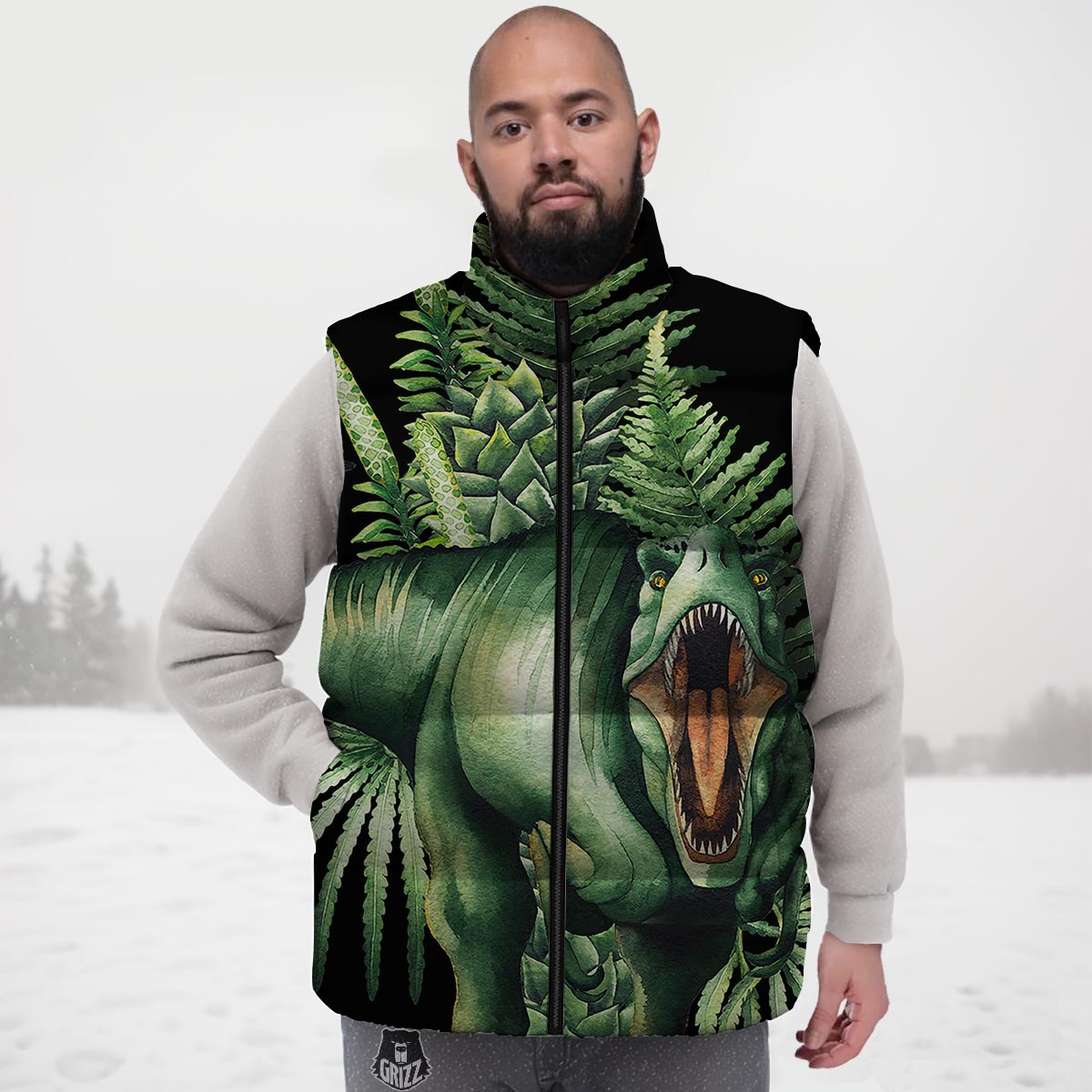 Dinosaur T Rex And Jurassic Plants Print Down Vest