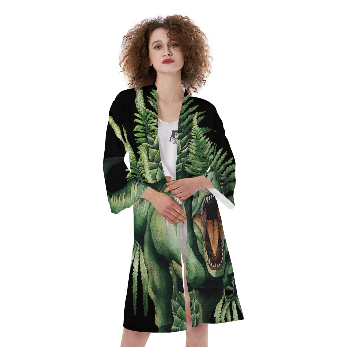 Dinosaur T Rex And Jurassic Plants Print Kimono-grizzshop