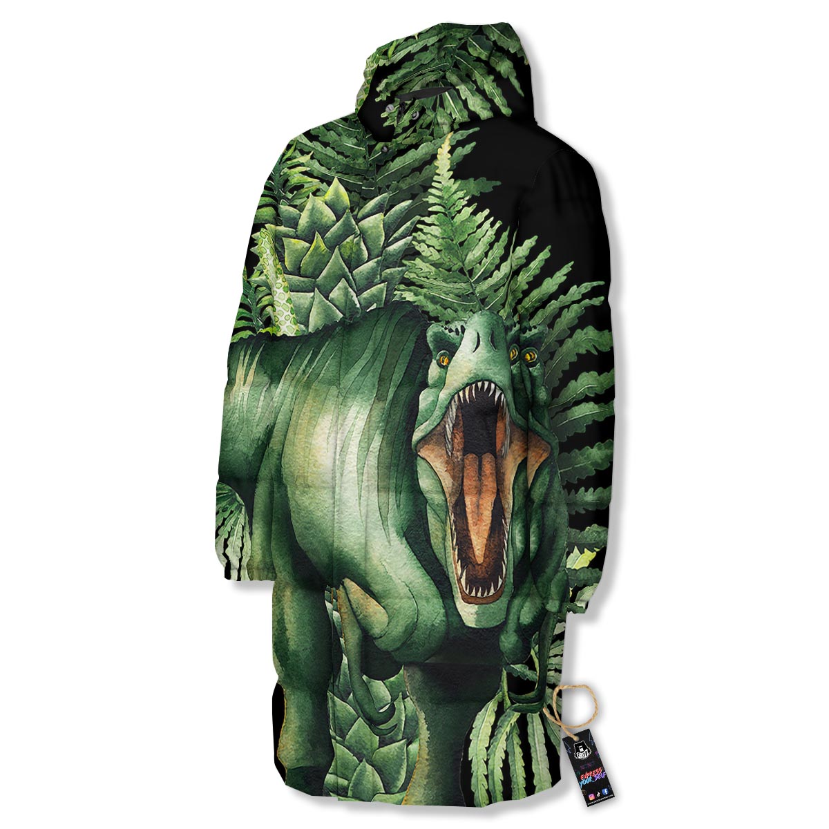 Dinosaur T Rex And Jurassic Plants Print Long Down Jacket-grizzshop