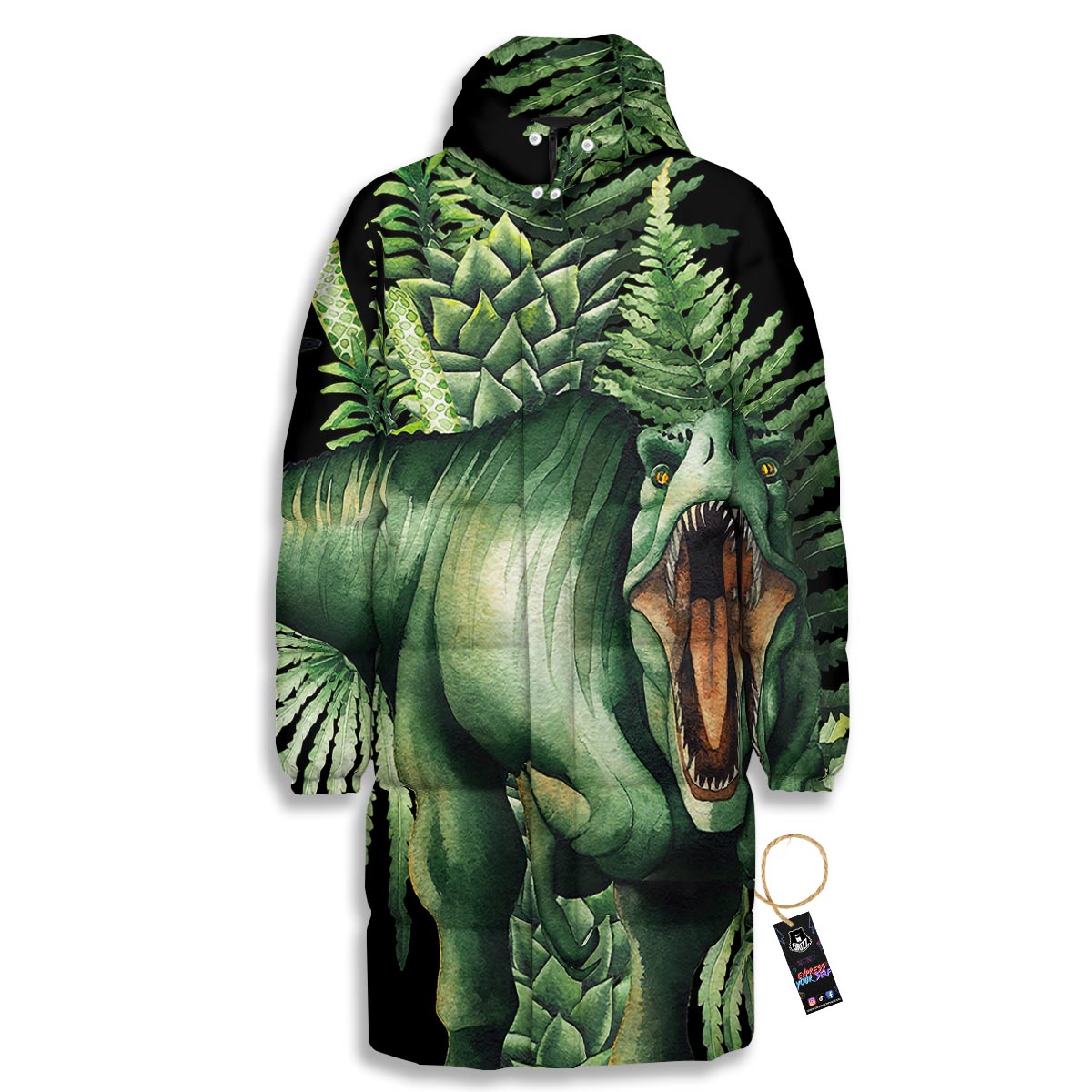 Dinosaur T Rex And Jurassic Plants Print Long Down Jacket-grizzshop