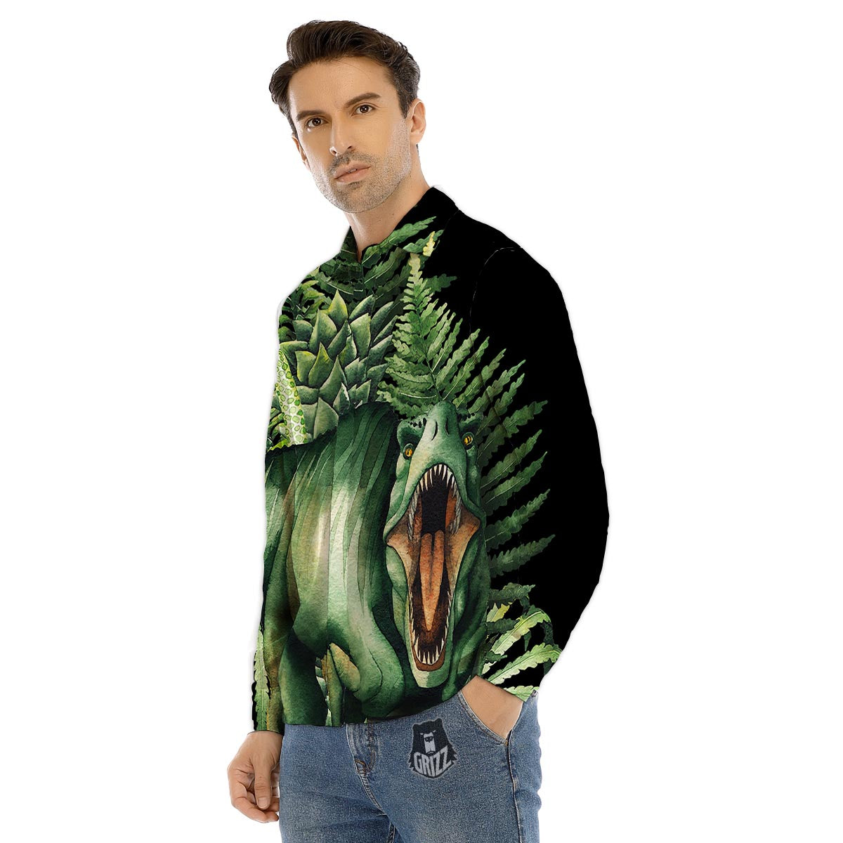 Dinosaur T Rex And Jurassic Plants Print Men's Dress Shirts-grizzshop