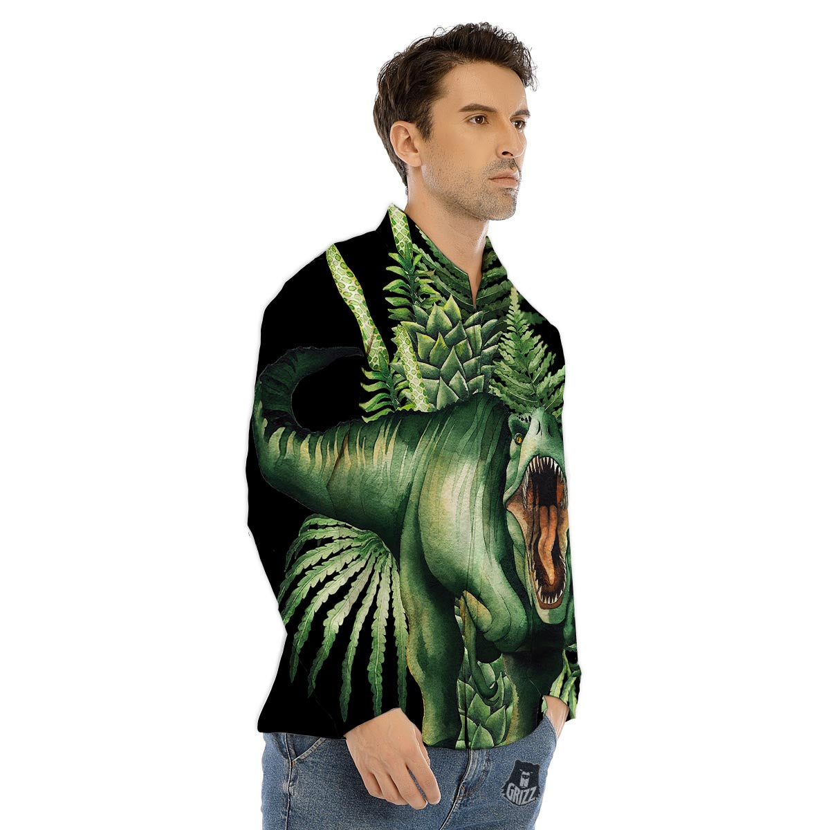 Dinosaur T Rex And Jurassic Plants Print Men's Dress Shirts-grizzshop