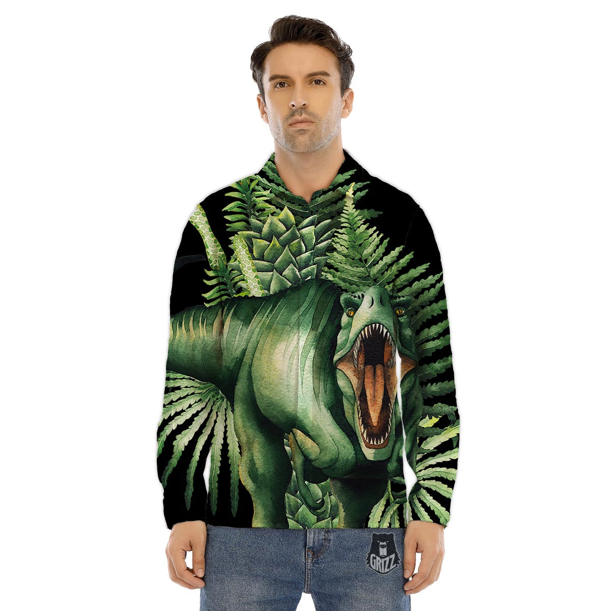 Dinosaur T Rex And Jurassic Plants Print Men's Dress Shirts-grizzshop
