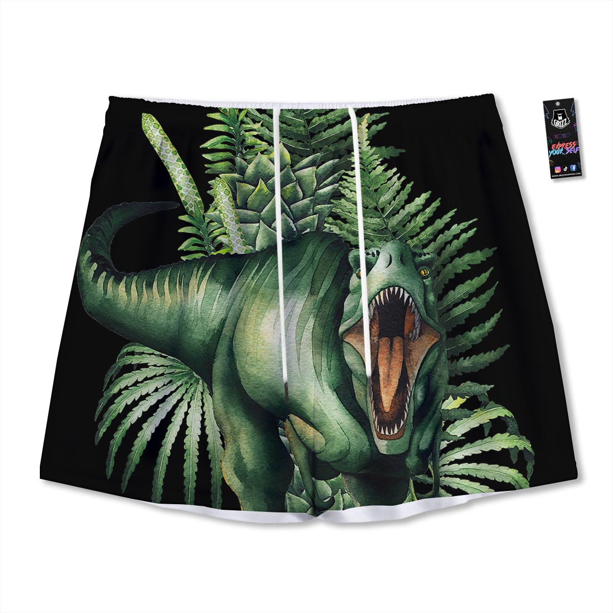 Dinosaur T Rex And Jurassic Plants Print Mesh Shorts