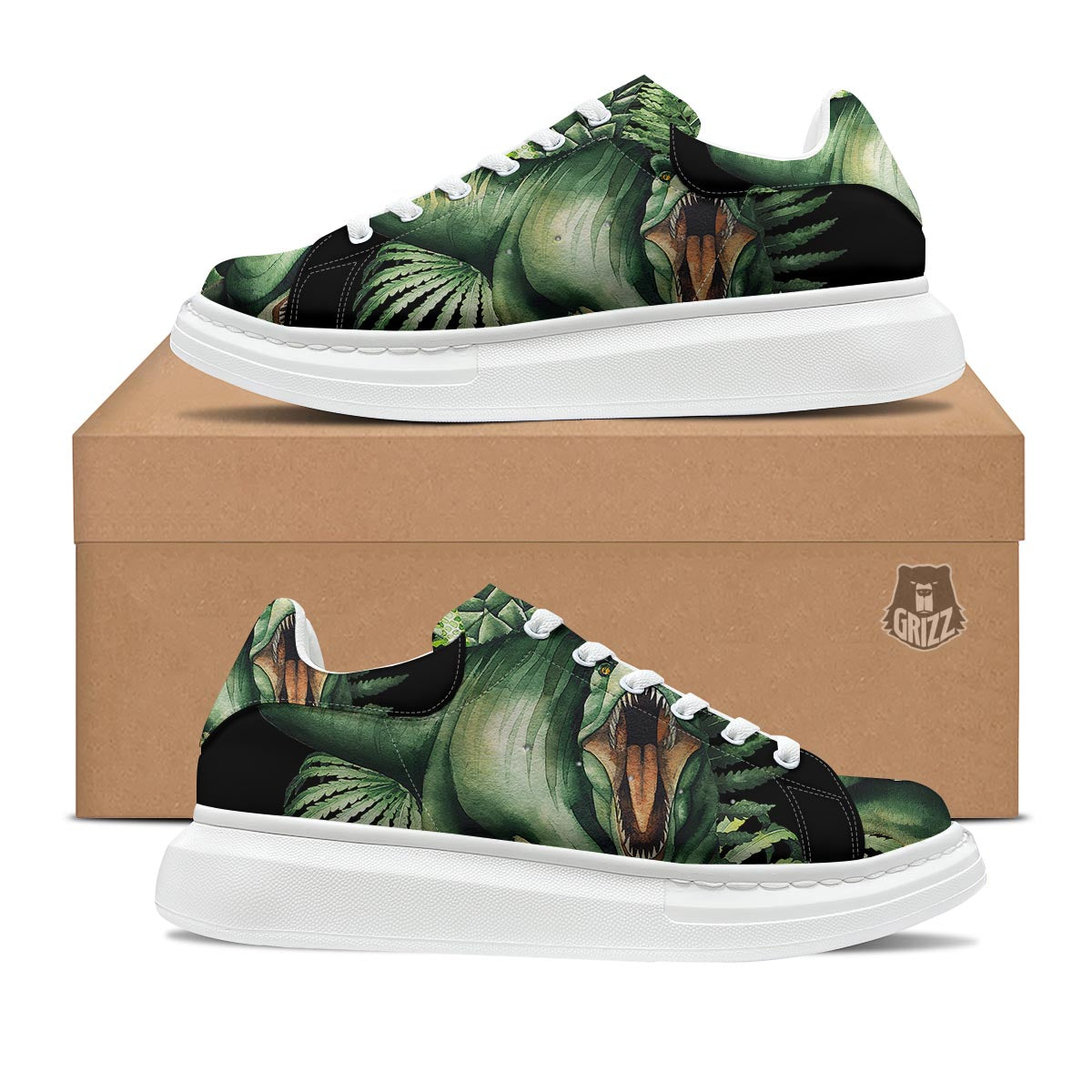 Dinosaur T Rex And Jurassic Plants Print Platform Shoes-grizzshop