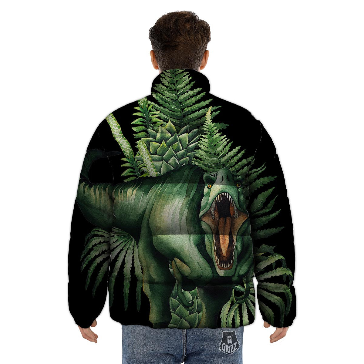 Dinosaur T Rex And Jurassic Plants Print Puffer Jacket-grizzshop