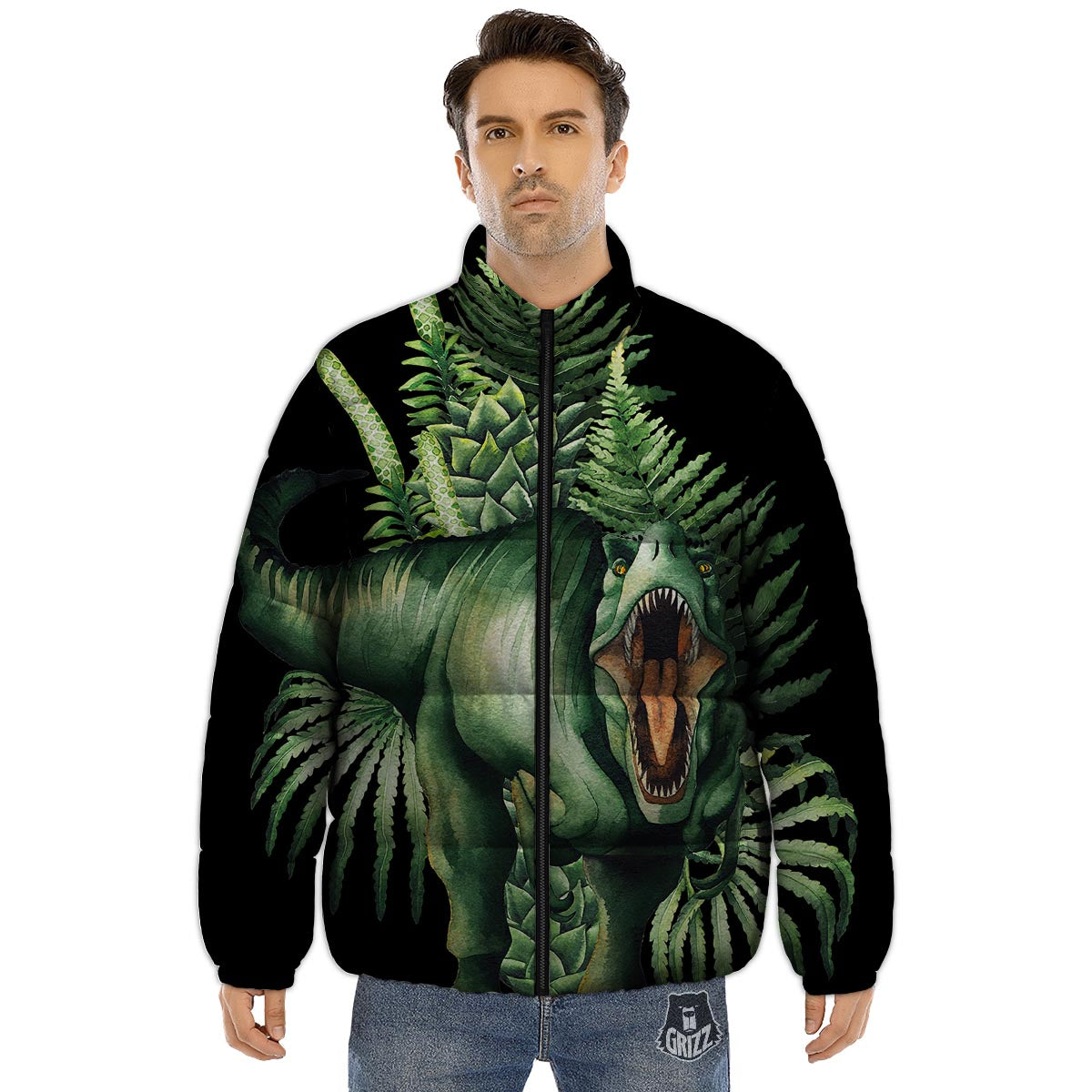 Dinosaur T Rex And Jurassic Plants Print Puffer Jacket-grizzshop
