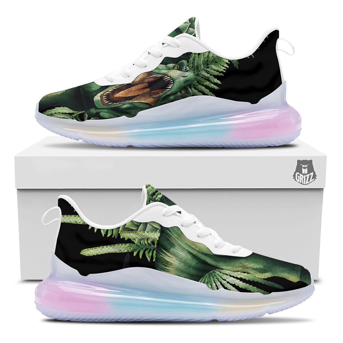 Dinosaur T Rex And Jurassic Plants Print Running Sneakers-grizzshop