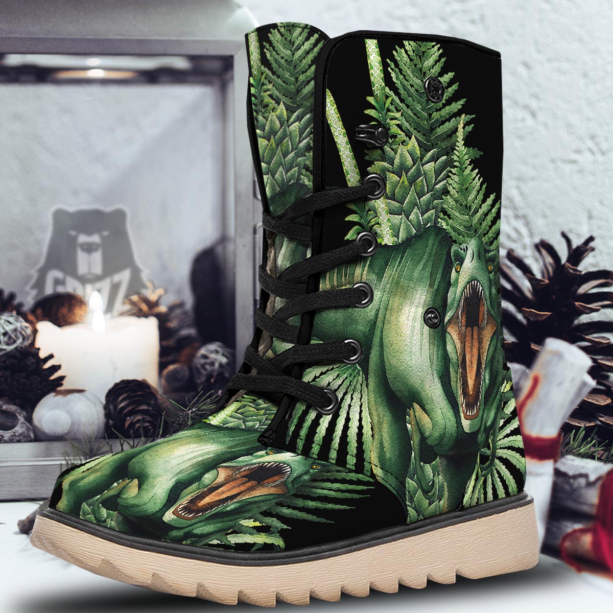 Dinosaur T Rex And Jurassic Plants Print Snow Boots-grizzshop