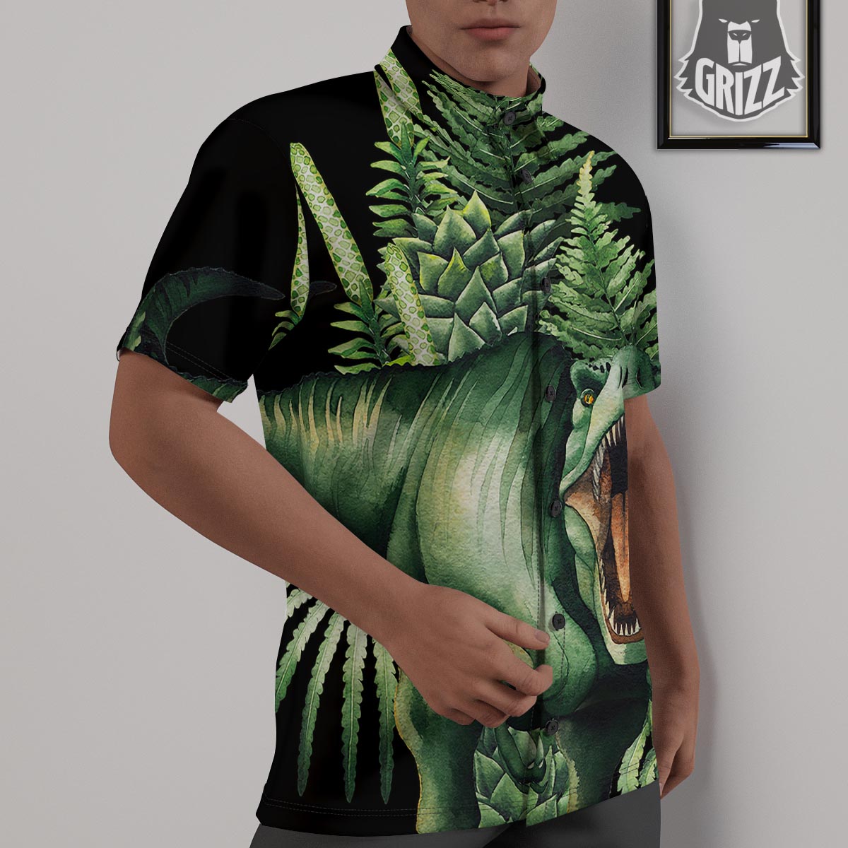 Dinosaur T Rex And Jurassic Plants Print Untucked Shirts-grizzshop
