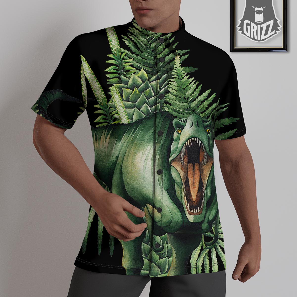 Dinosaur T Rex And Jurassic Plants Print Untucked Shirts-grizzshop