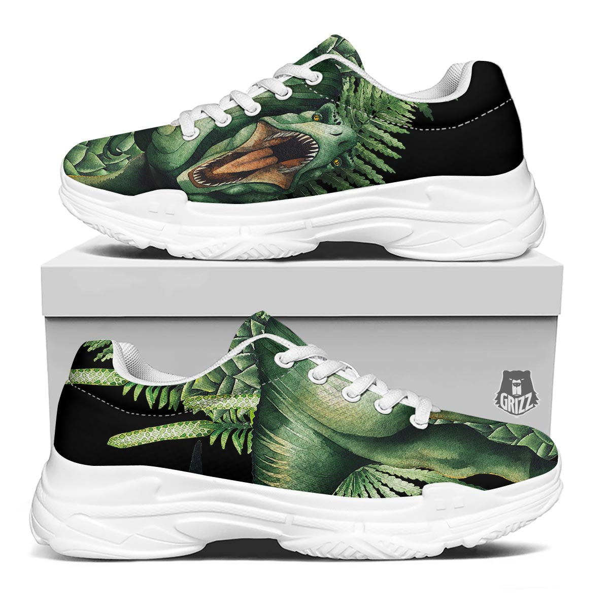 Dinosaur T Rex And Jurassic Plants Print White Chunky Shoes-grizzshop