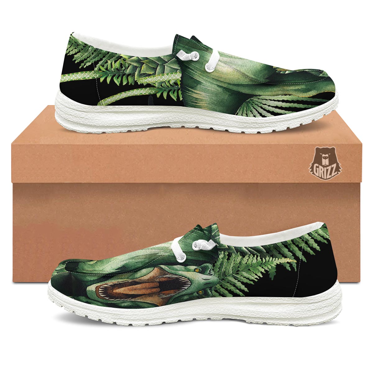 Dinosaur T Rex And Jurassic Plants Print White Loafers-grizzshop