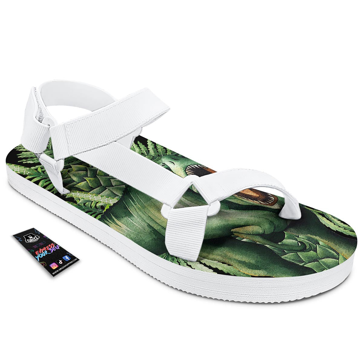 Dinosaur T Rex And Jurassic Plants Print White Open Toe Sandals-grizzshop