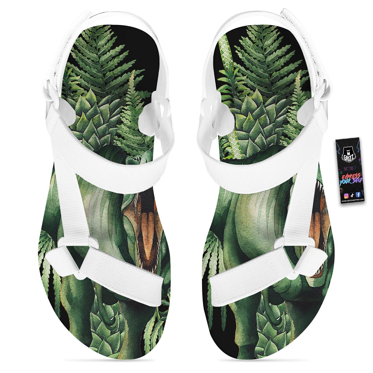 Dinosaur T Rex And Jurassic Plants Print White Open Toe Sandals-grizzshop