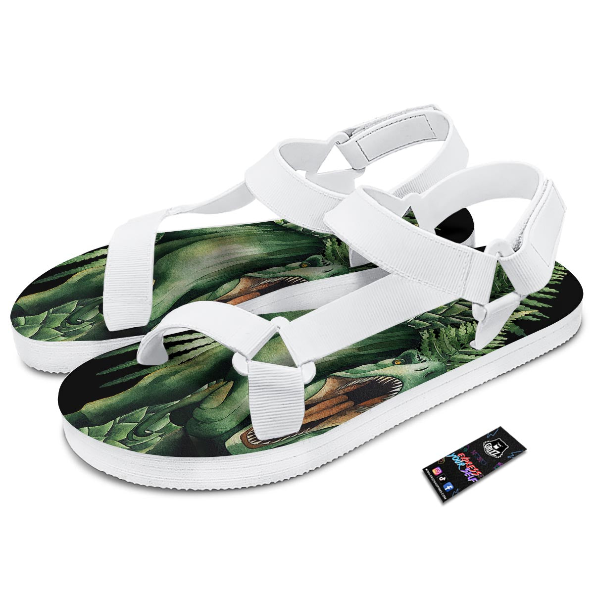Dinosaur T Rex And Jurassic Plants Print White Open Toe Sandals-grizzshop