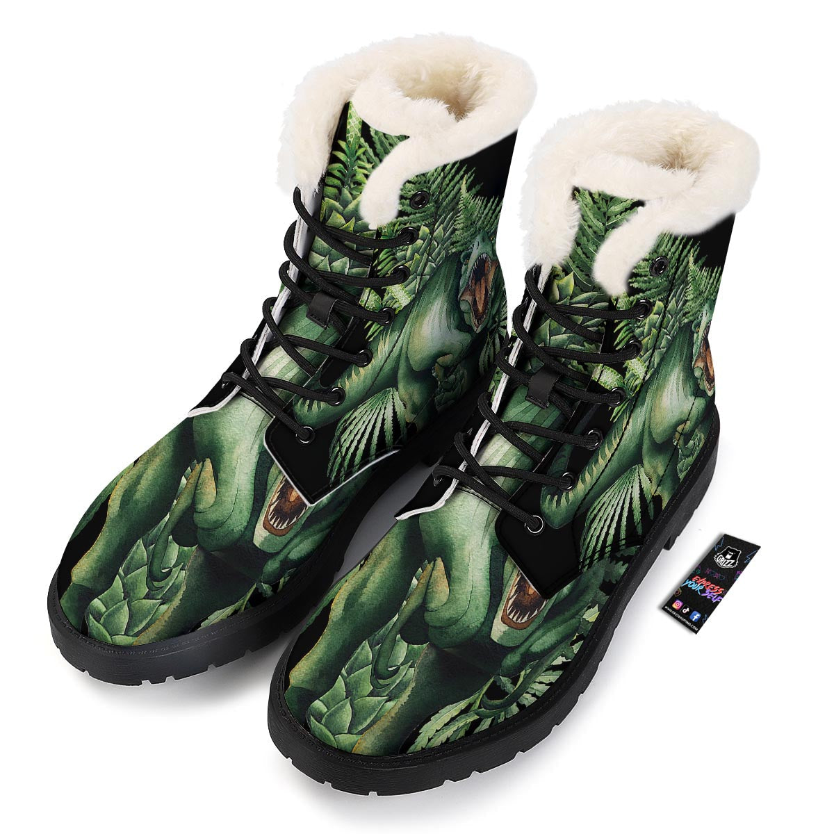 Dinosaur T Rex And Jurassic Plants Print Winter Boots-grizzshop