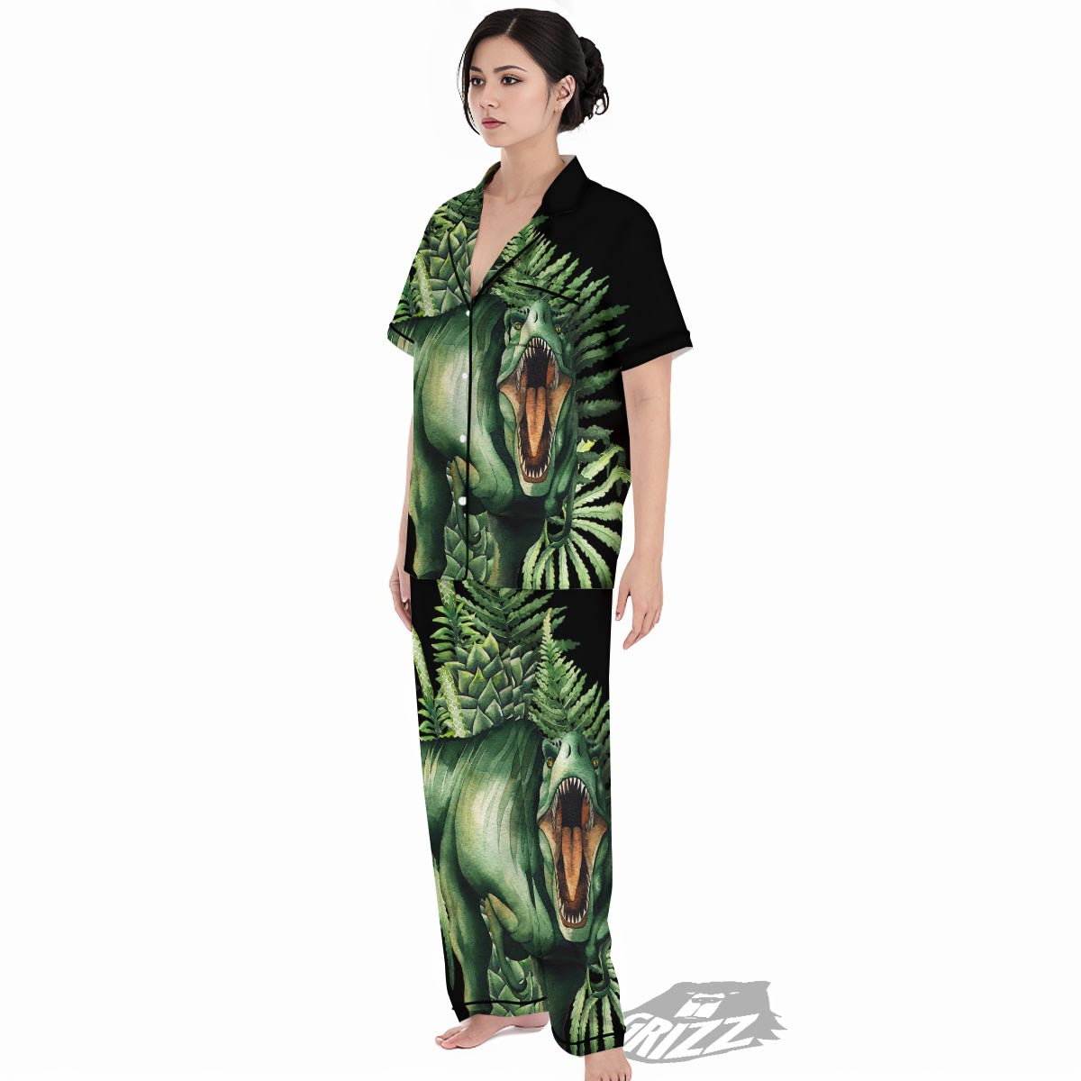 Dinosaur T Rex And Jurassic Plants Print Women's Pajamas Set-grizzshop