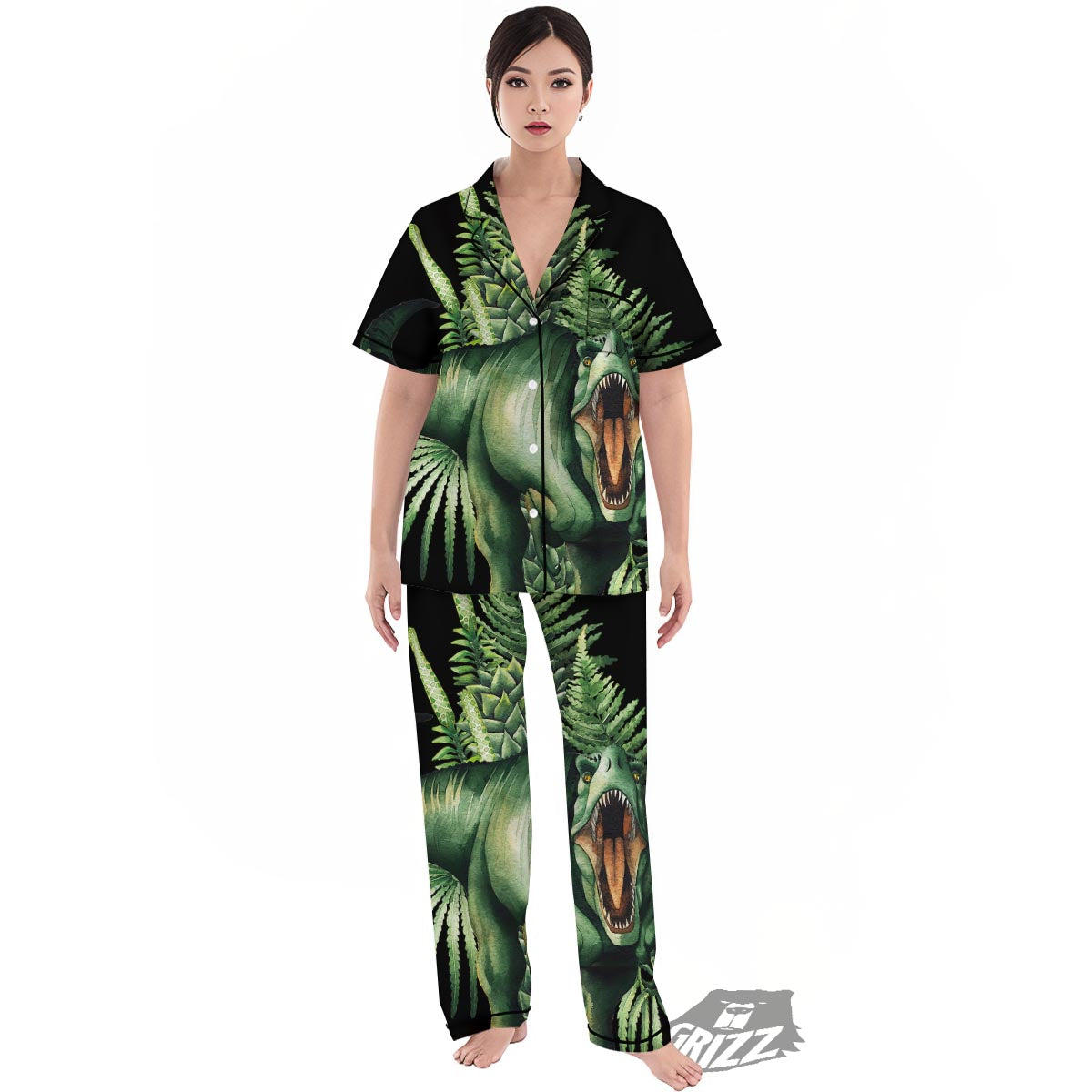 Dinosaur T Rex And Jurassic Plants Print Women's Pajamas Set-grizzshop